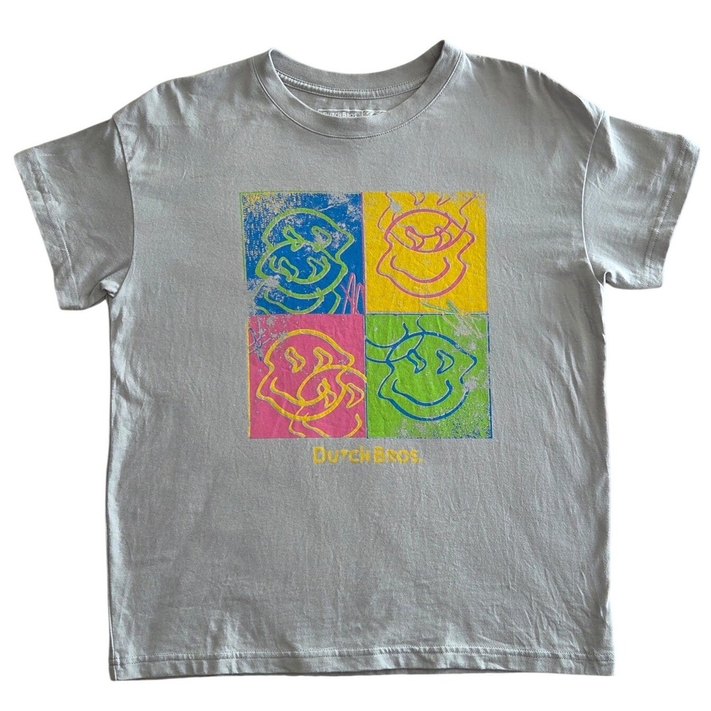 Dutch Bros‎ Coffee Graphic Logo T-Shirt Gray Pop Art Smiley Face Tee Small